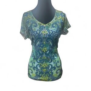 Y2K Paisley Mesh Rhinestone Henley Top Fairycore Boho Green Blue early 2000s Vtg